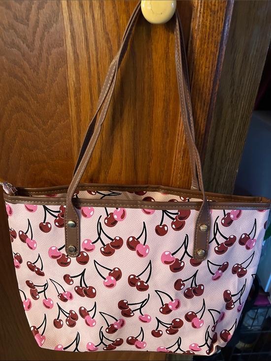 hulxi Handbags - Pink Cherry-Print Tote with Brown Handles